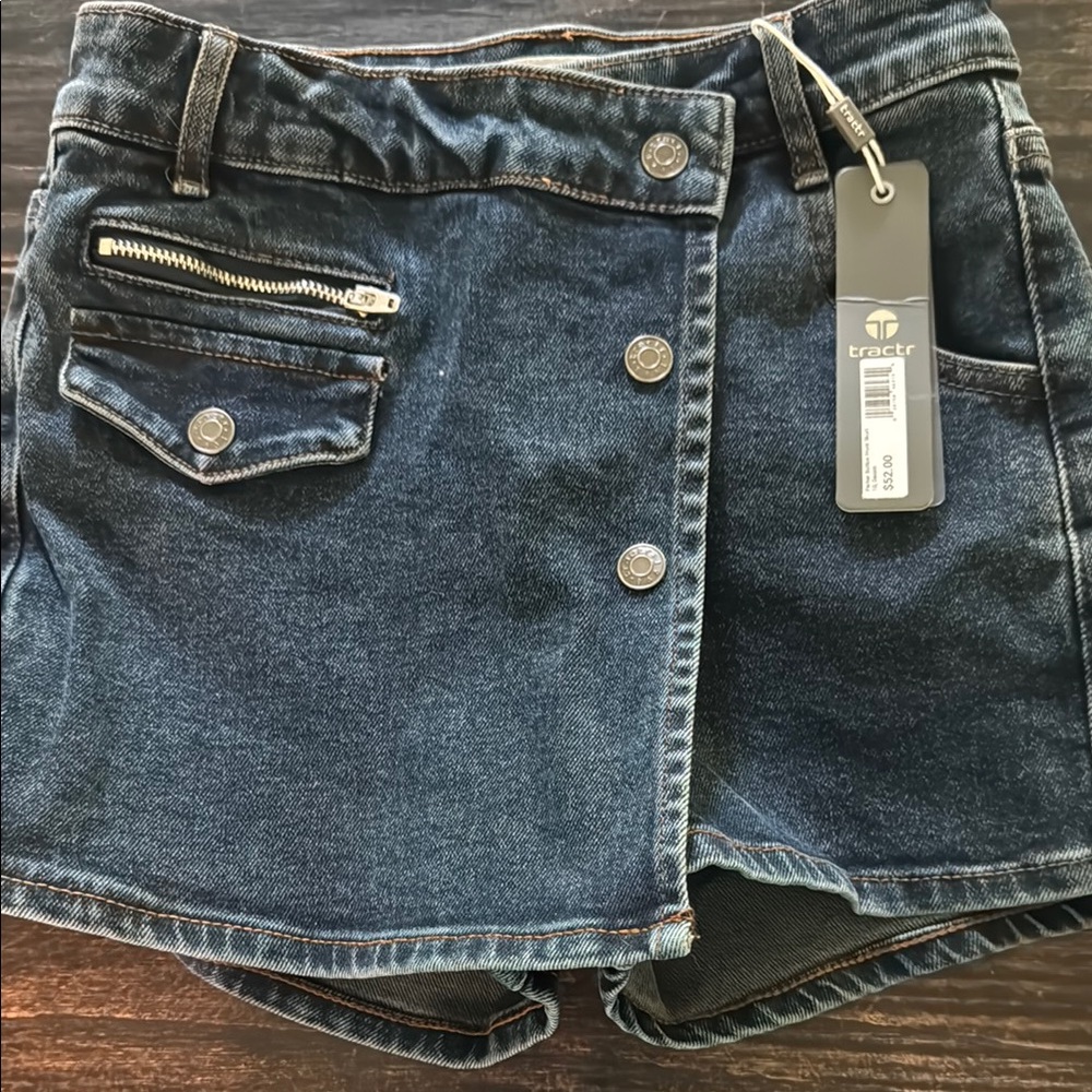 Tractr Dark Blue Denim Shorts with Button Accents